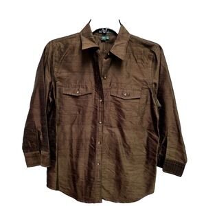 Ralph Lauren Olive Green 100% Silk Dupioni Button Up Shirt Pockets Size 4